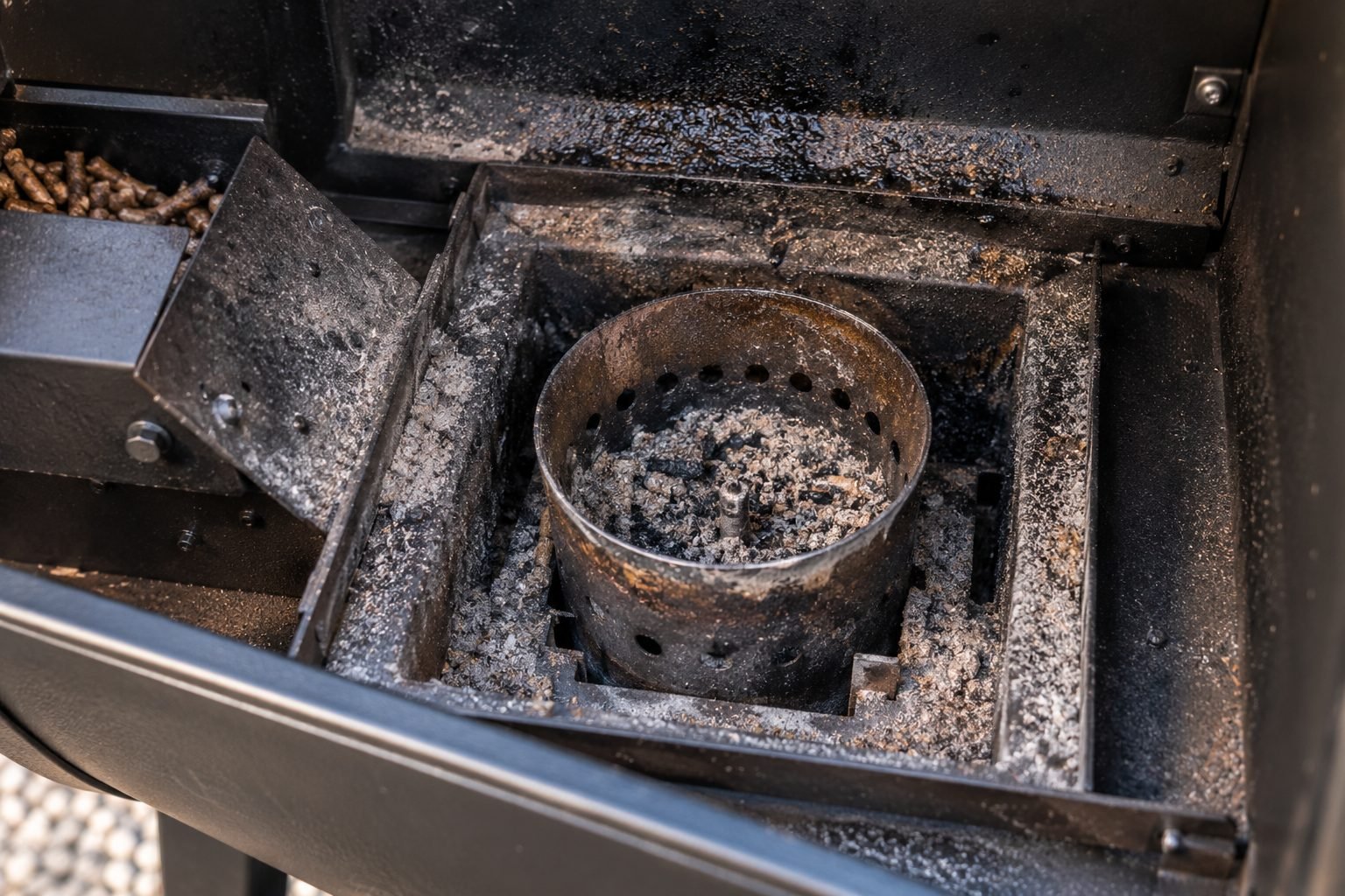 Ash and grease buildup inside a pellet smoker's burn pot, a common reason a smoker won't hold temperature