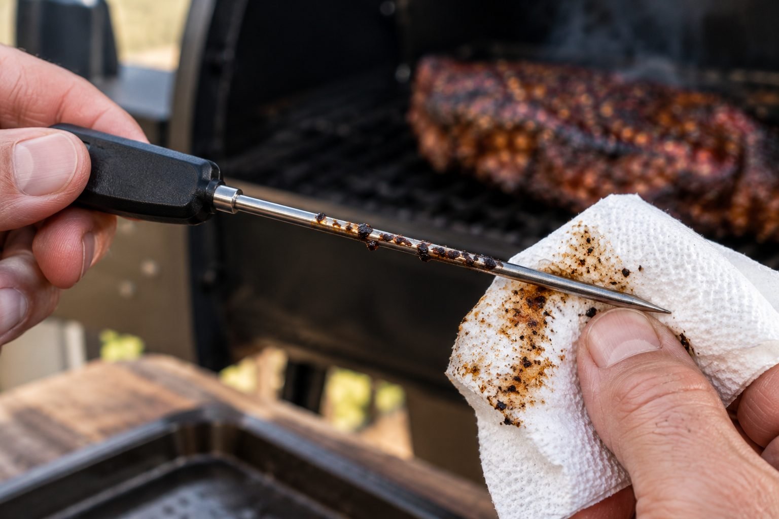 Wiping grease off a meat thermometer probe with a paper towel next to a smoker
