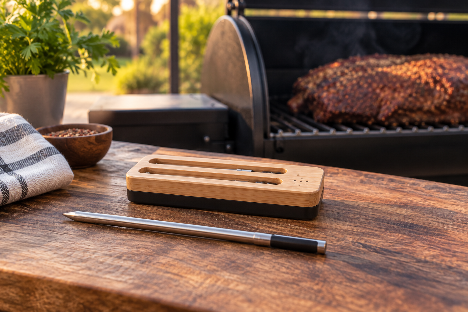 MEATER Pro Duo, a top best wireless meat thermometer pick, with its wireless probe and charging block