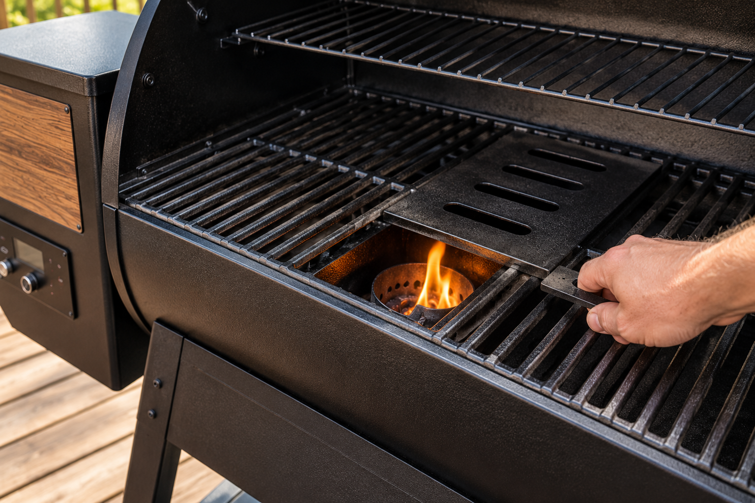 Pit Boss flame broiler slide plate open over the firepot for direct-flame searing