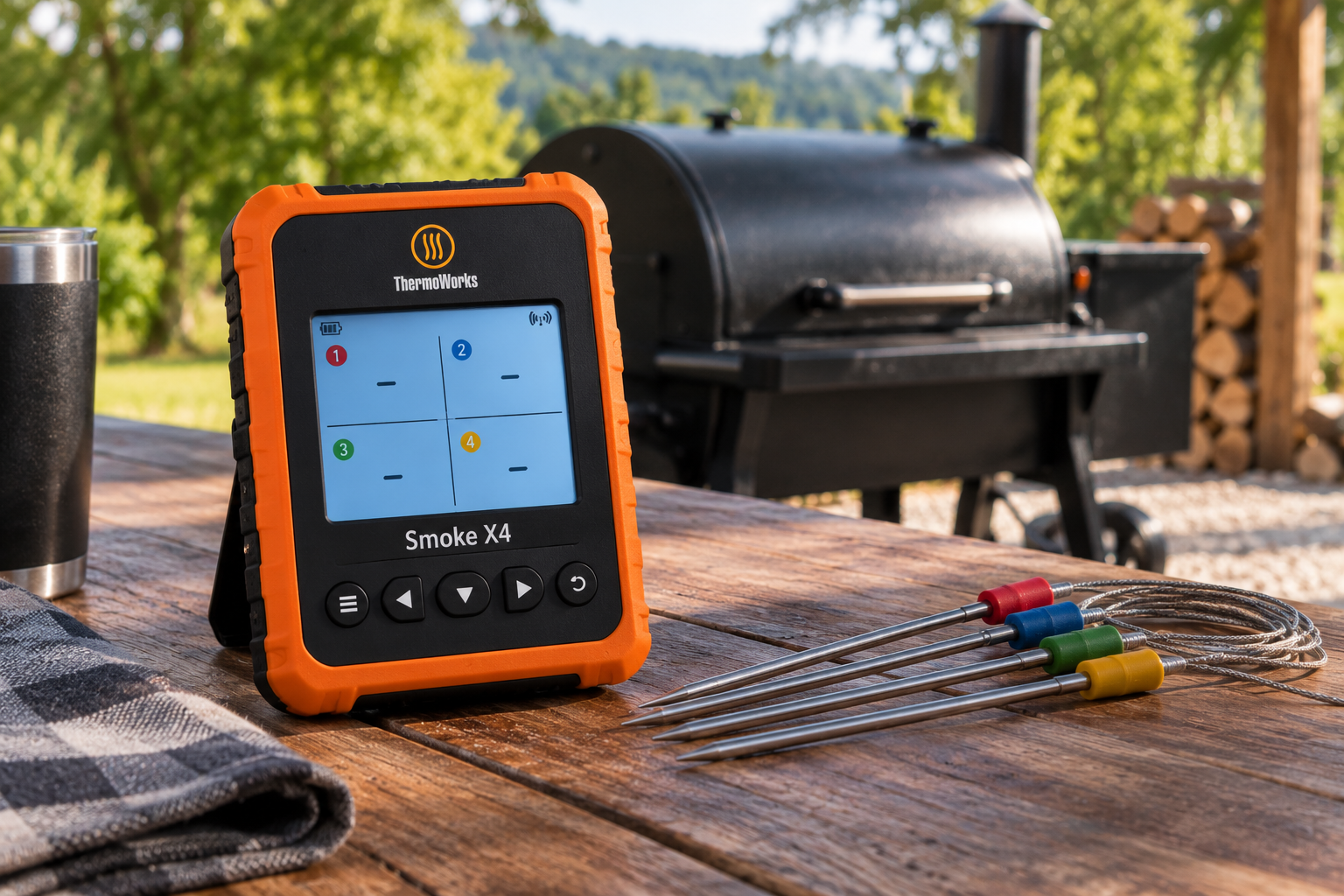Best wireless meat thermometer pick ThermoWorks Smoke X4 receiver with four probes on a picnic table near a smoker