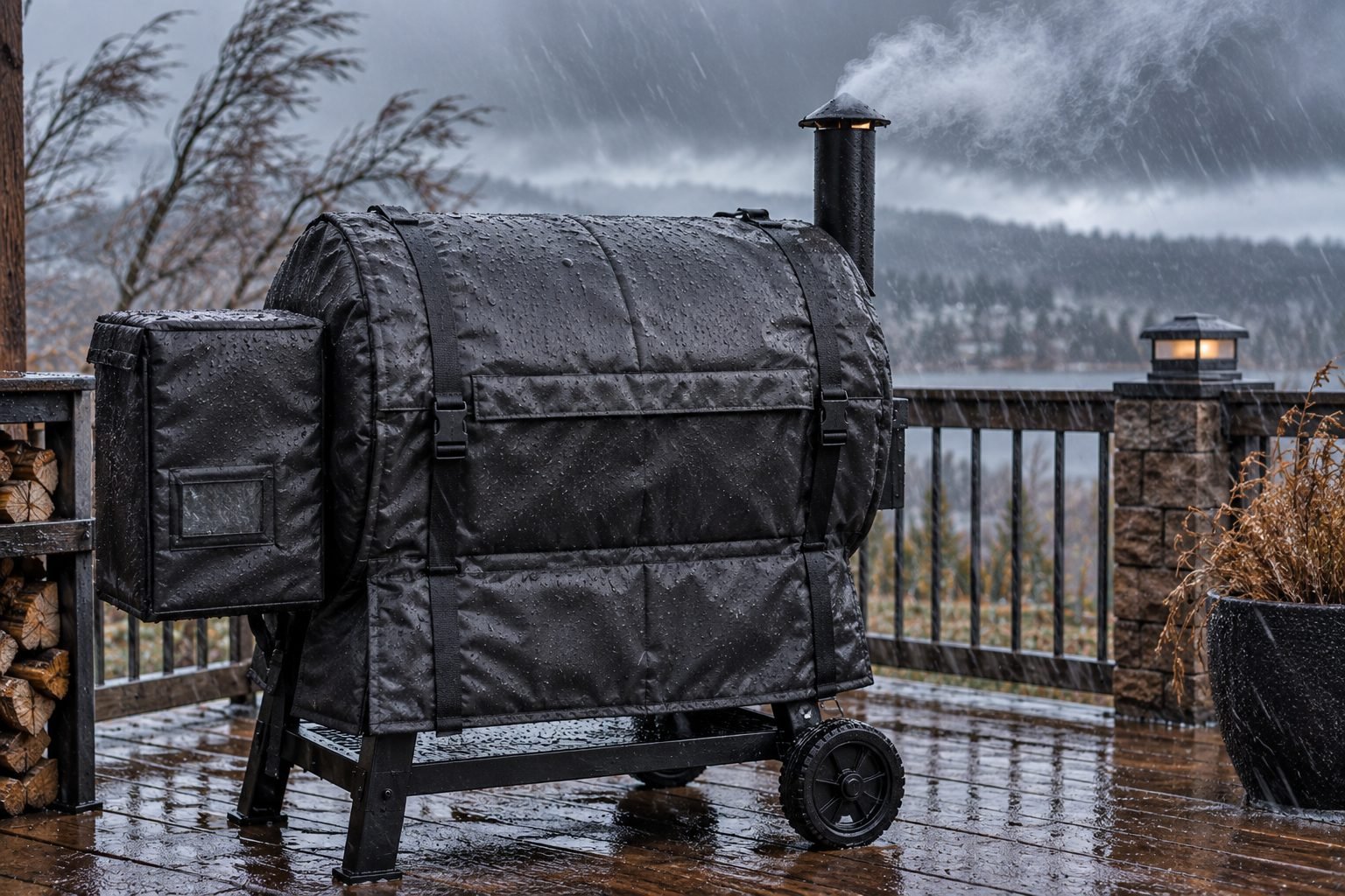 Pellet smoker wrapped in an insulation blanket to help a smoker hold temperature in cold and windy weather