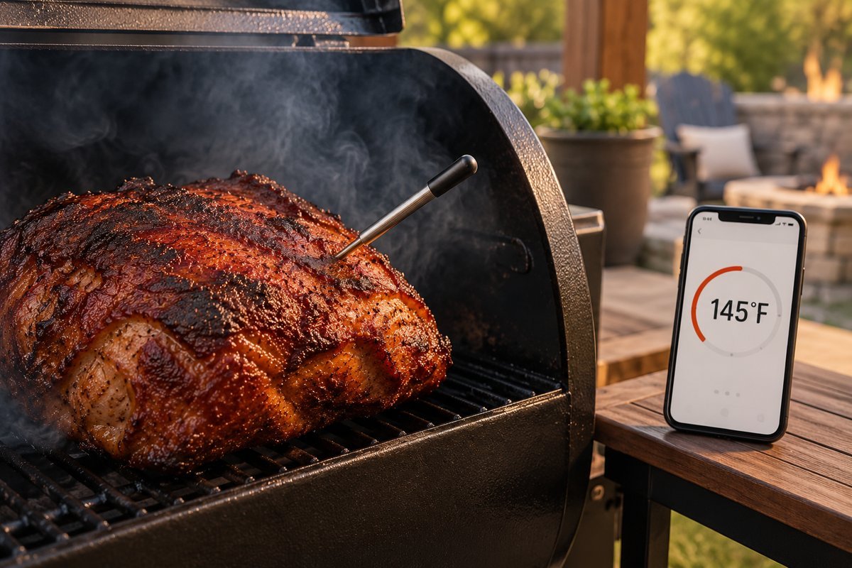 Wireless meat thermometer probe in a smoked pork shoulder reading 145°F on the app