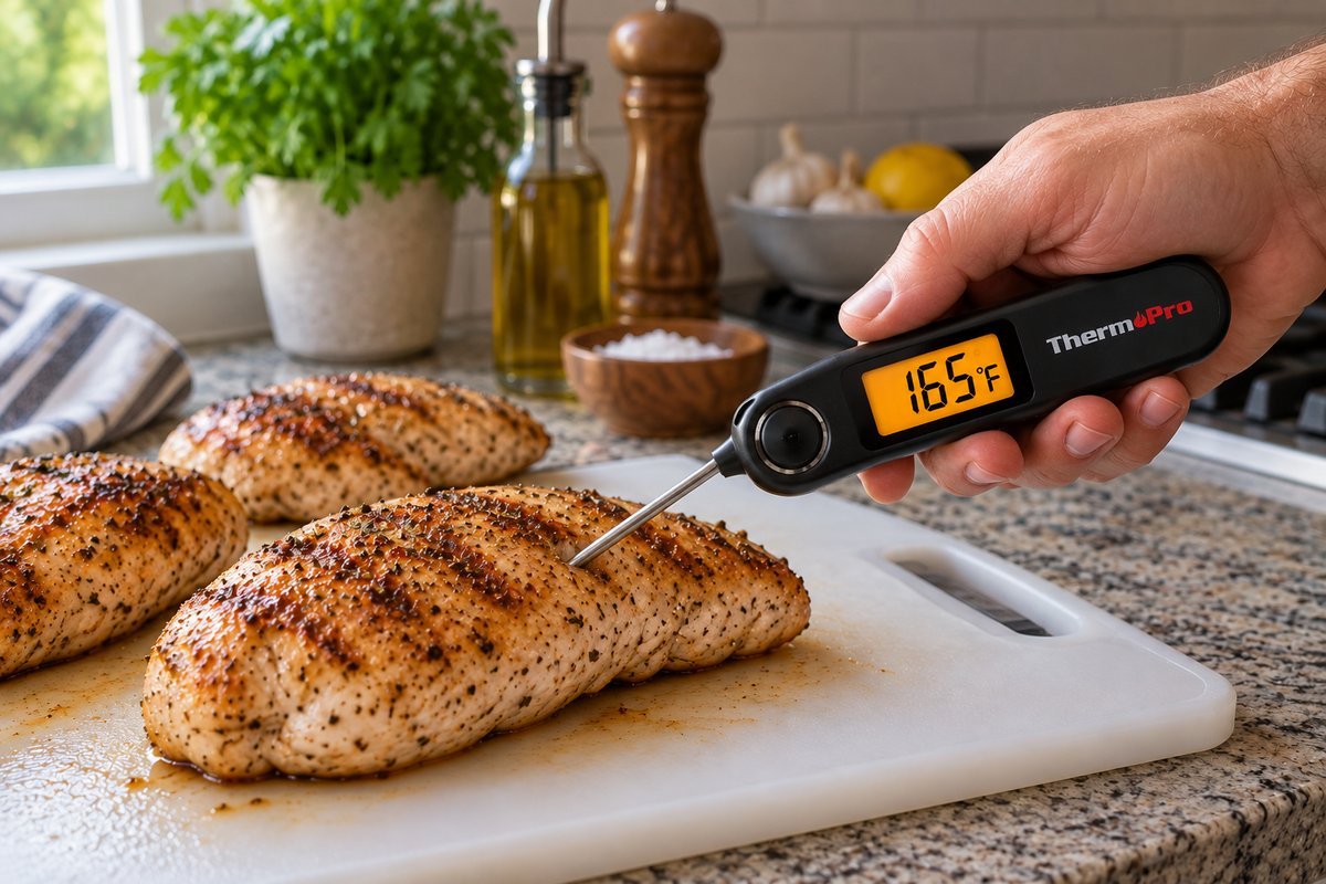 Best meat thermometer for chicken showing a 165°F safe-temperature reading