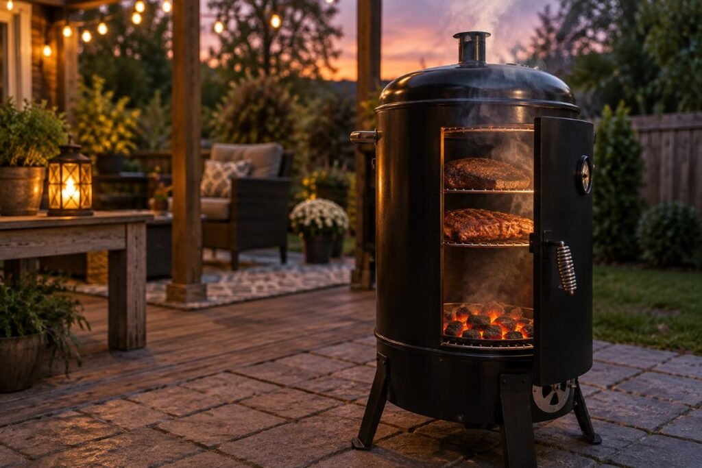 One of the best charcoal smokers glowing with hot coals and smoke on a backyard patio at dusk