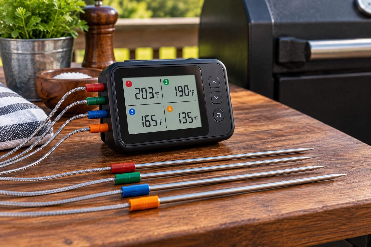 Multi-probe Bluetooth meat thermometer hub with an LCD display showing four temperature readings and four wired probes