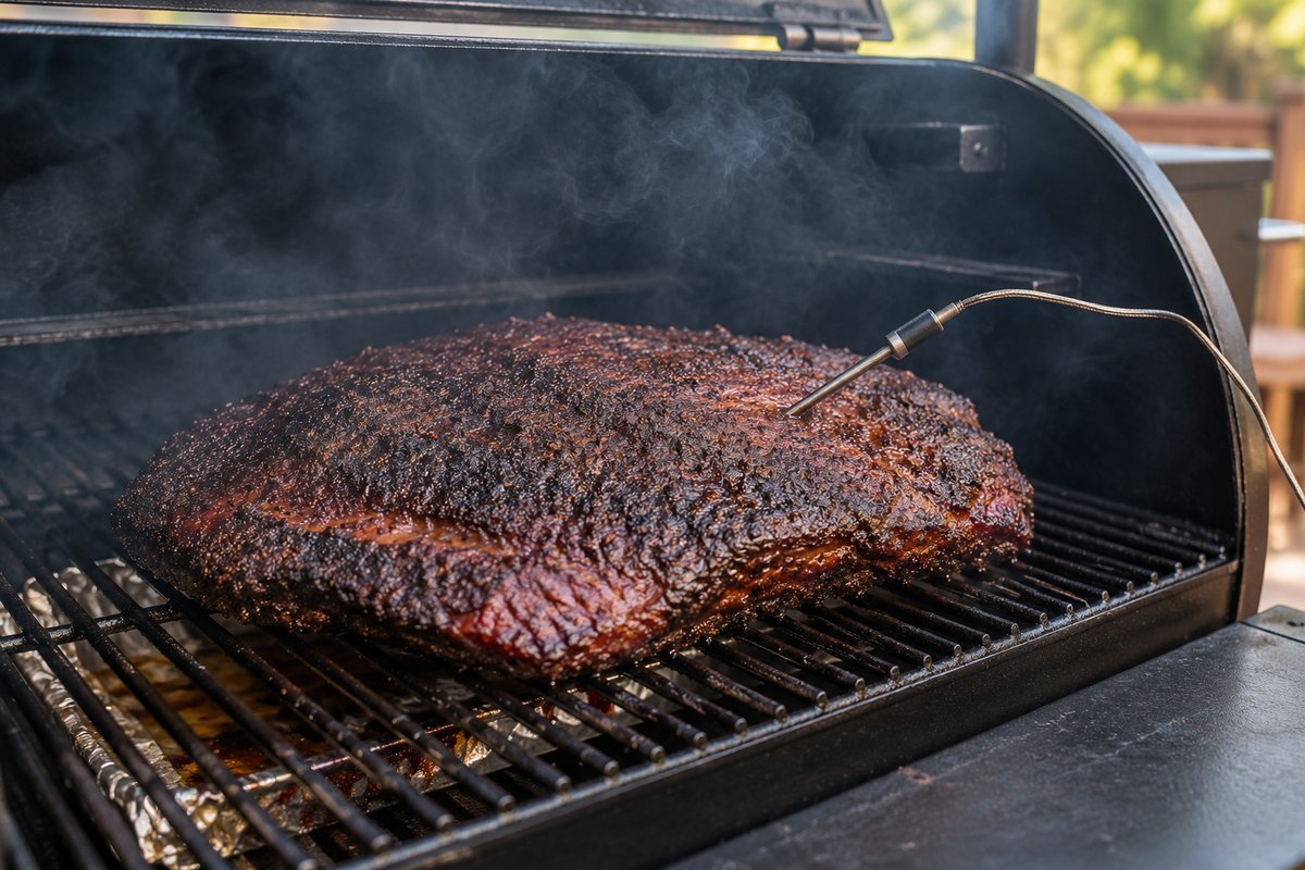 Brisket in the brisket stall on the smoker with a probe thermometer inserted