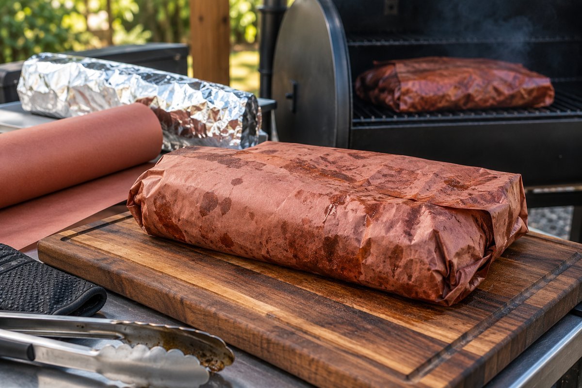 Brisket wrapped for the brisket stall comparing foil and butcher paper wrap
