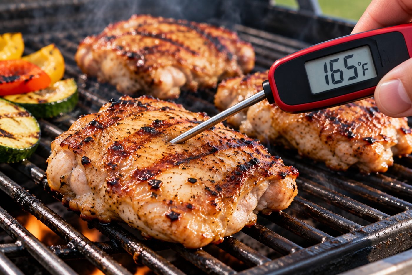 Instant-read thermometer reading 165°F in grilled chicken thighs, the USDA safe minimum for poultry