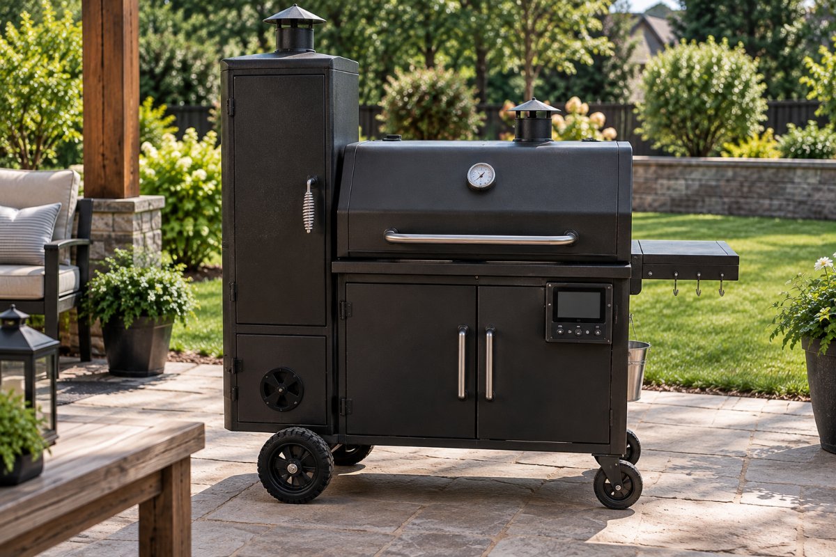 A digital gravity-fed charcoal smoker with a side hopper, one of the best charcoal smokers for hands-off control