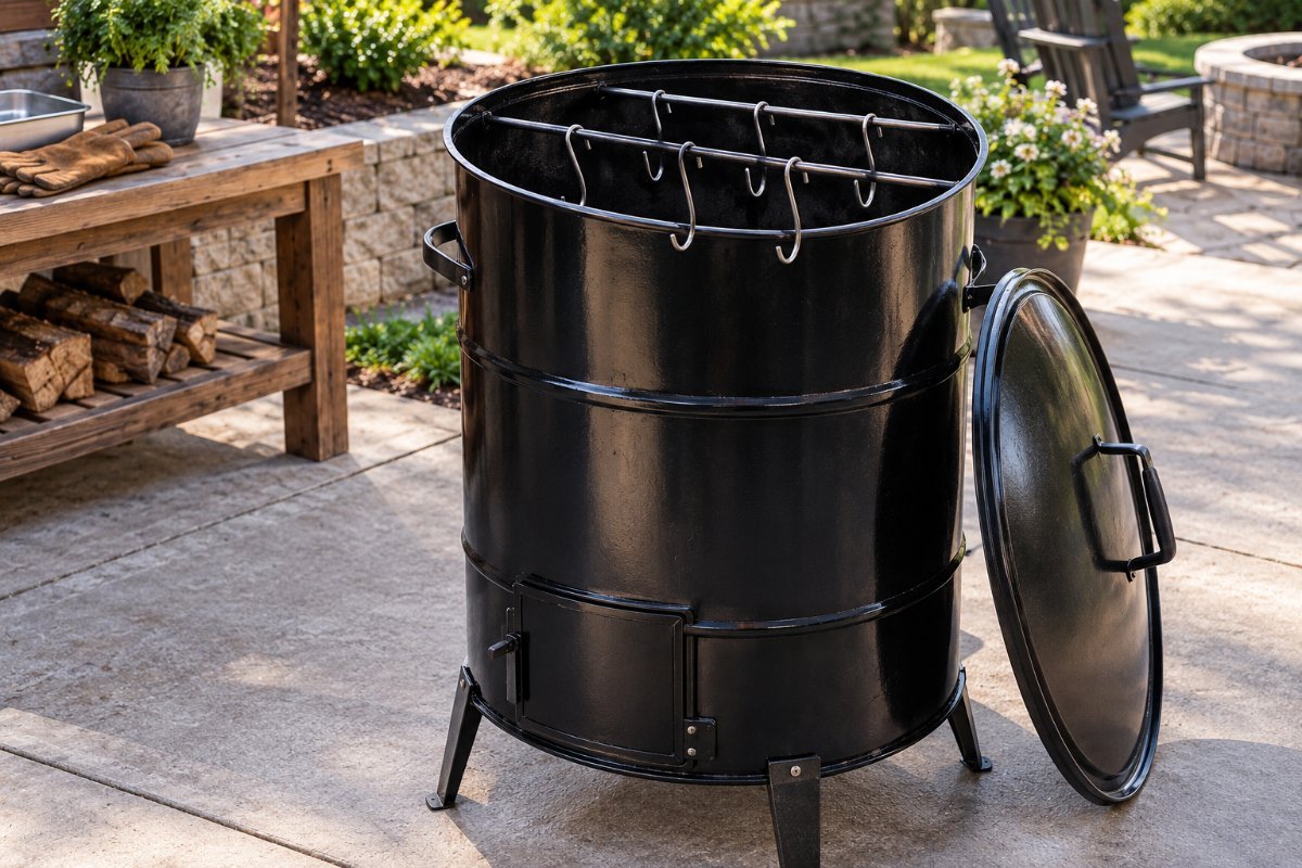 A drum-style charcoal smoker with empty hanging hooks, a foolproof pick among the best charcoal smokers