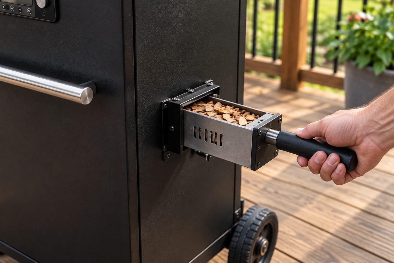 Side wood chip loading tray on the best electric smoker, filled with wood chips