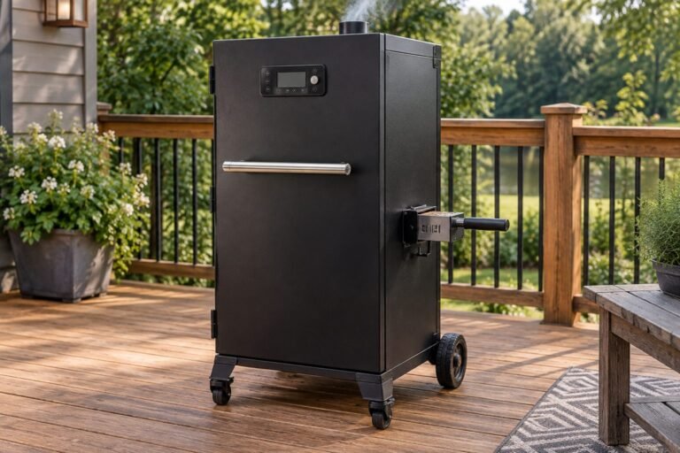 An electric smoker on a patio
