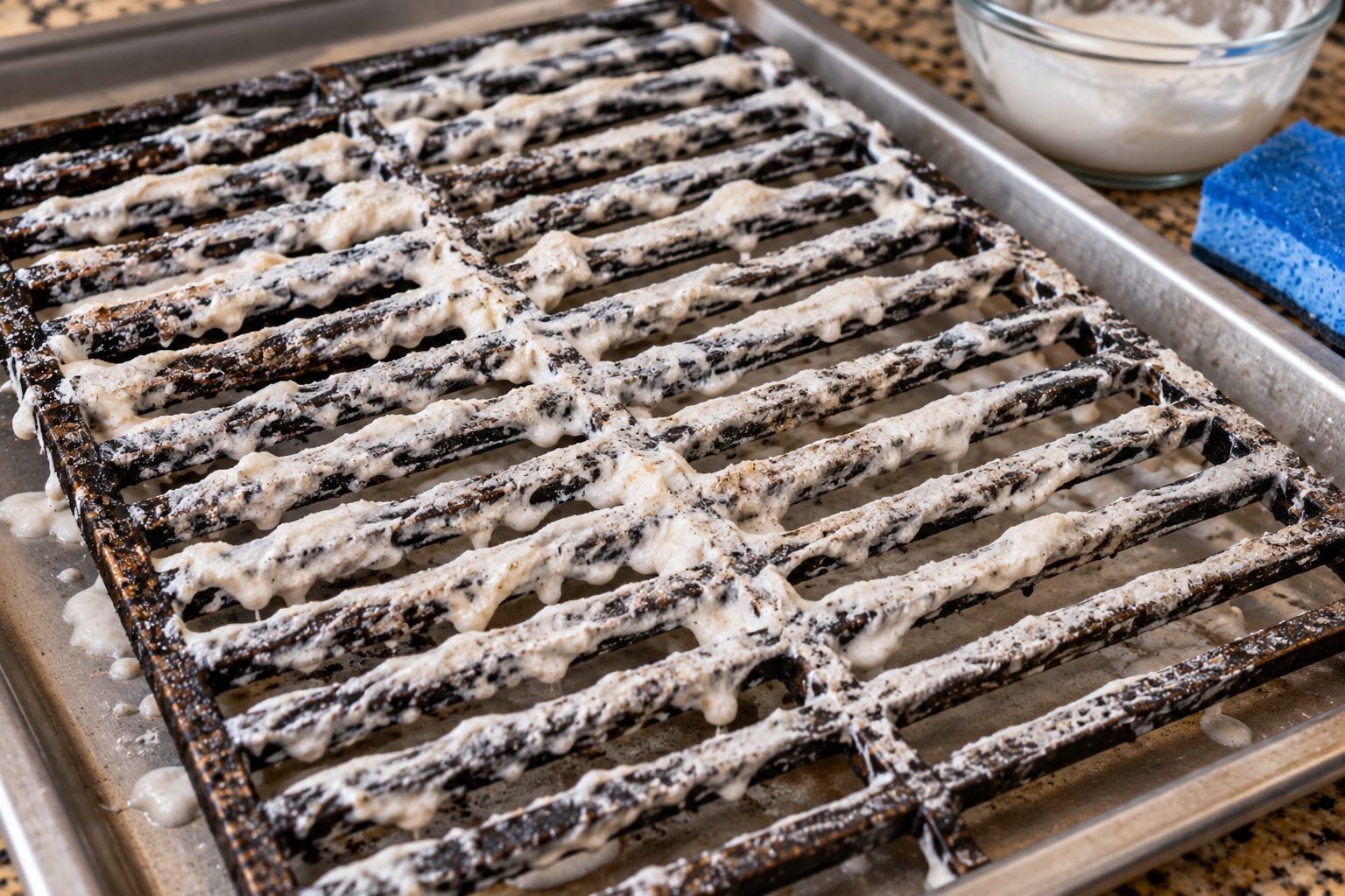 Grill grate coated in baking soda and dish soap paste before scrubbing