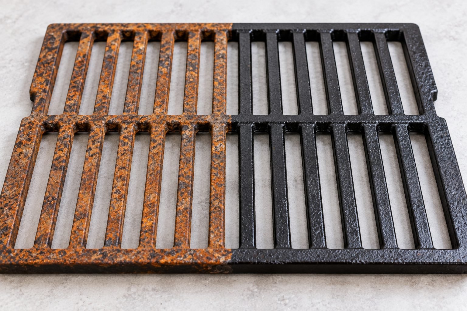 Rusty cast iron grate next to a cleaned re-seasoned grate showing rust removal results