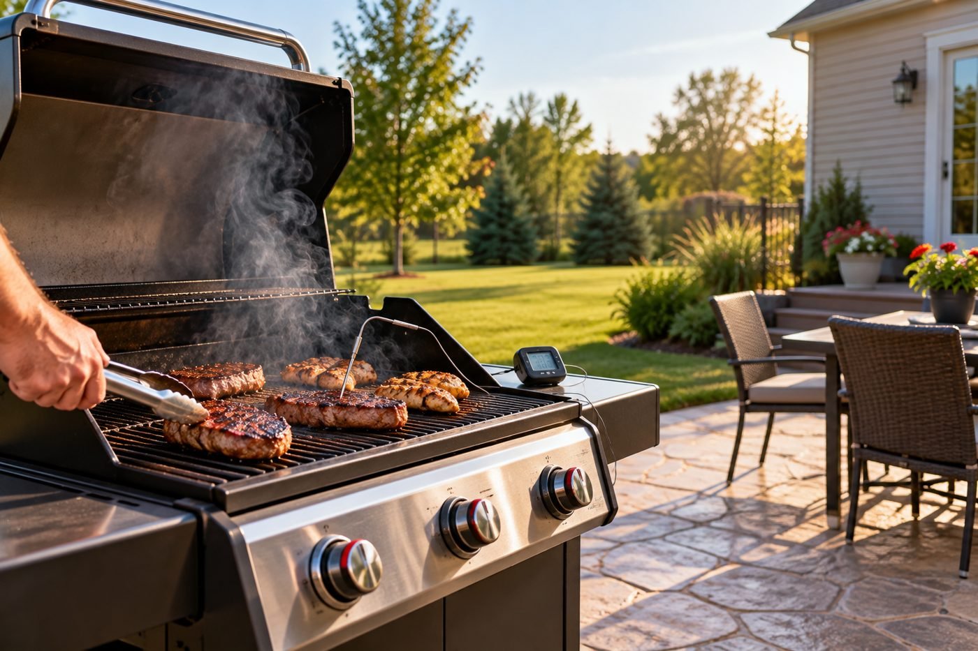 Gas grill on a backyard patio set well back from the house, with steaks, chicken and a probe thermometer on the grates