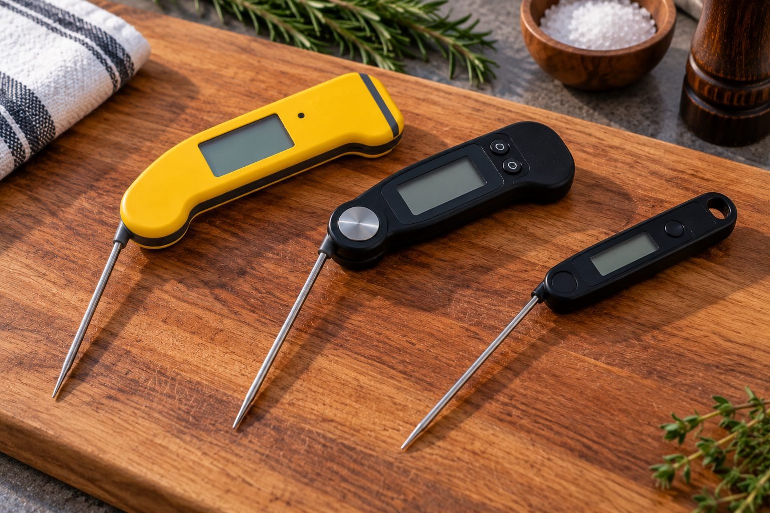 Three instant-read meat thermometers laid side by side comparing probe and display design