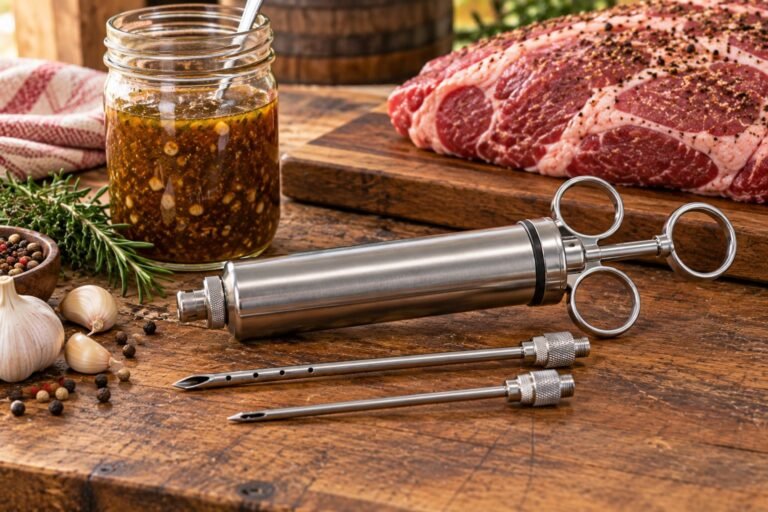 A meat injector next to a cut of meat ready for smoking
