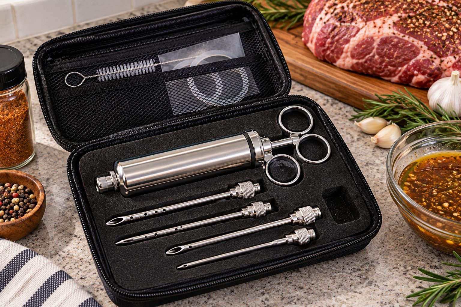 Best meat injector kit in a travel case with interchangeable needles and cleaning brush