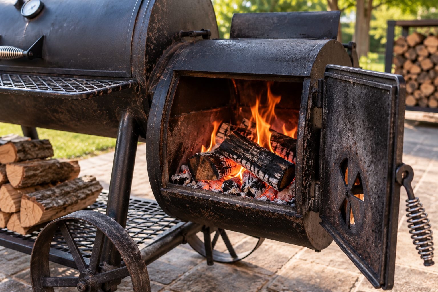 Close-up of an offset smoker firebox with the door open, showing a wood and charcoal fire burning inside.