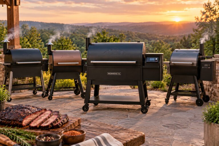 Pellet smokers lined up on a patio