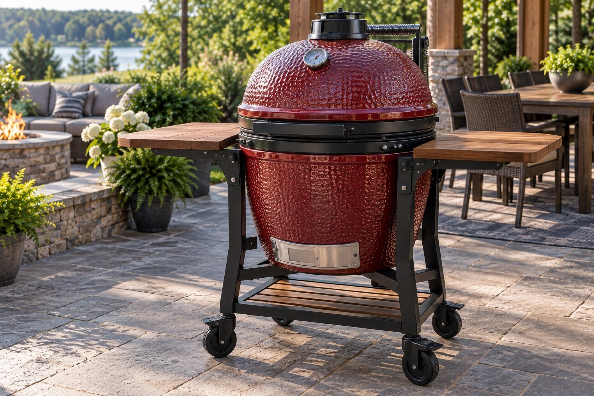 A premium ceramic kamado grill with wide side shelves, the splurge pick among the best charcoal smokers