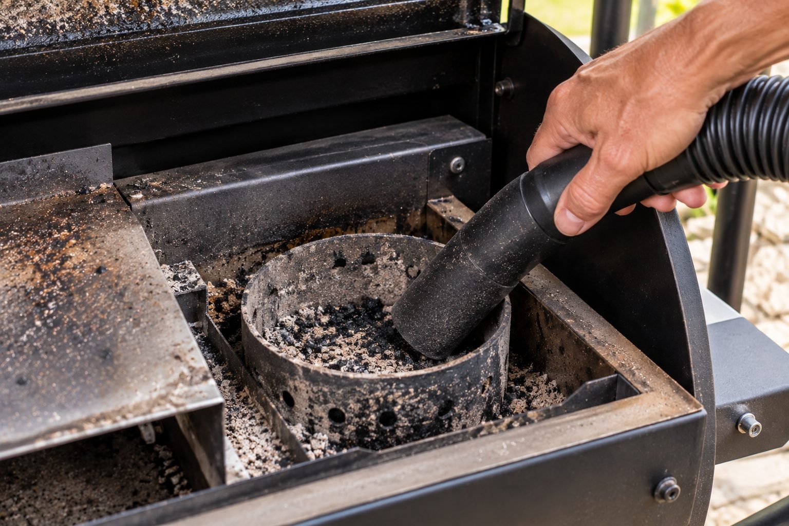 Vacuuming ash from a pellet smoker's firepot, a key step when learning how to clean a smoker's grease trap area
