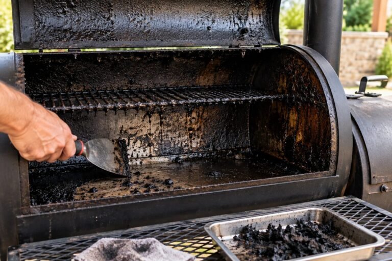 Cleaning the inside of a smoker with a scraper