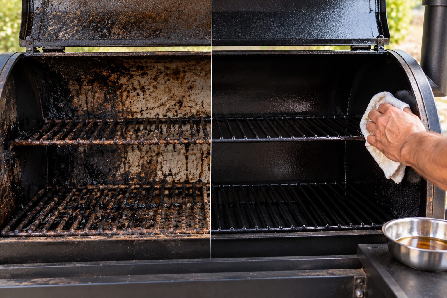 Before and after comparison showing how to clean a smoker's interior and grates, rusty and dirty versus fully cleaned