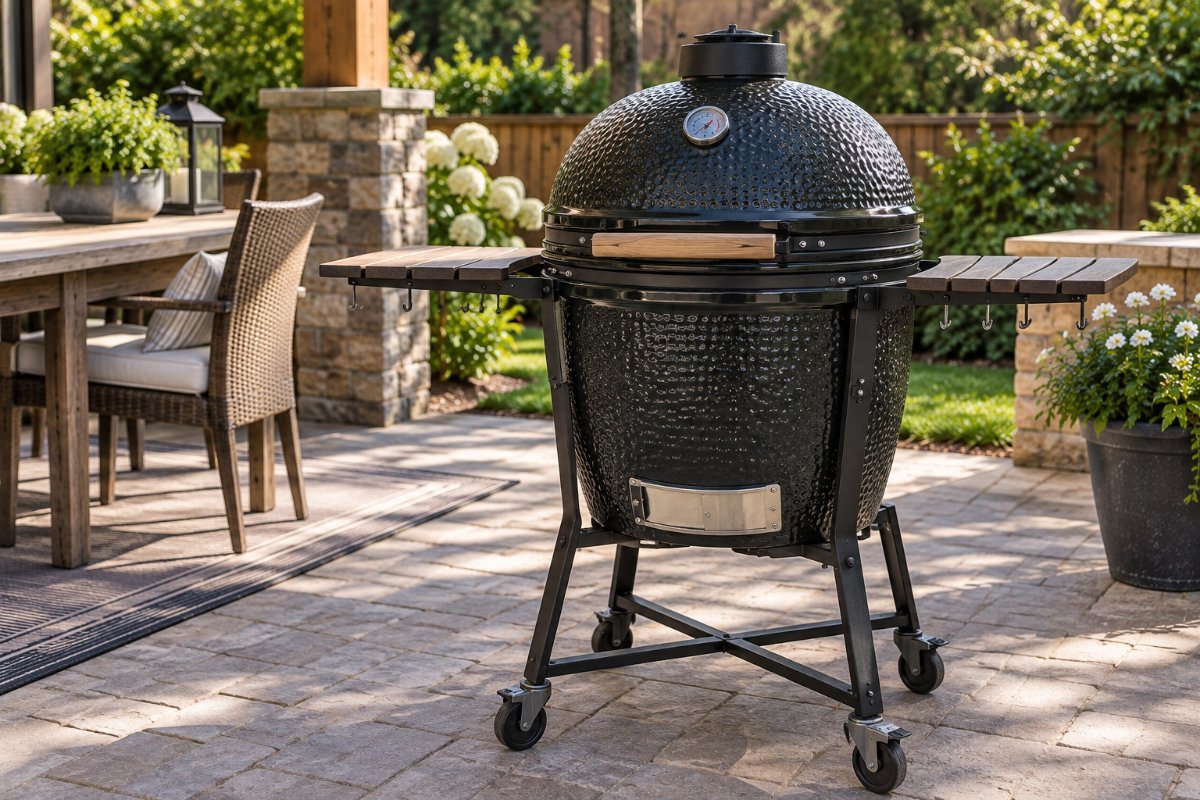 A steel kamado-style charcoal grill on a cart, an affordable pick among the best charcoal smokers for kamado versatility