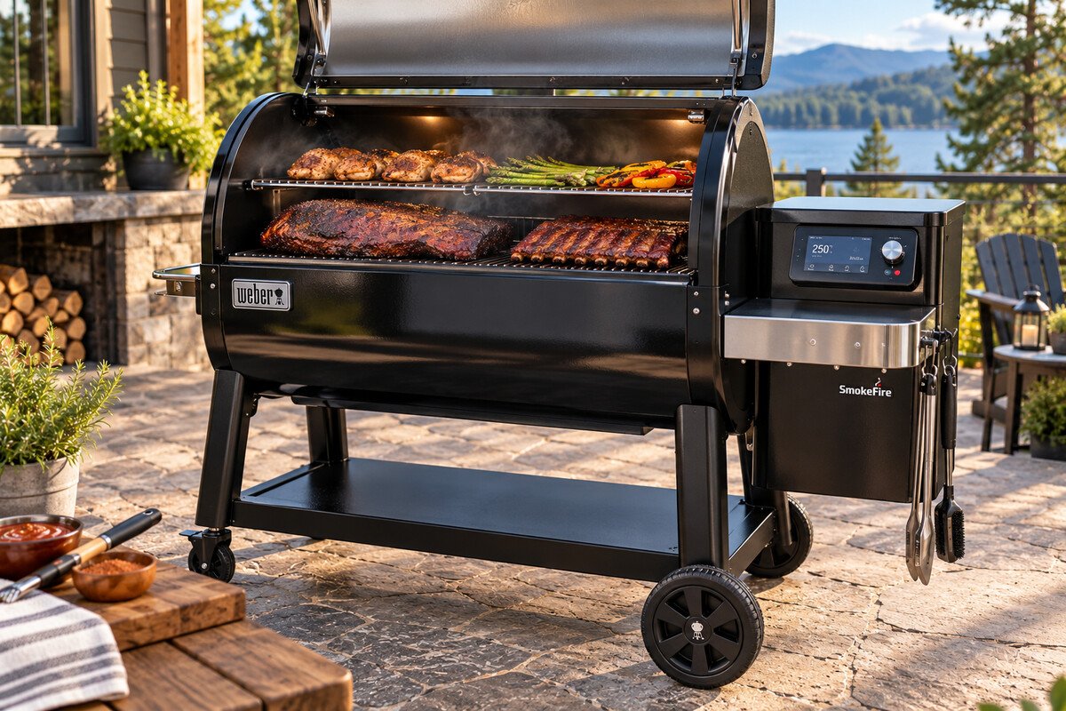 Weber SmokeFire EX6 pellet smoker with lid open showing grates