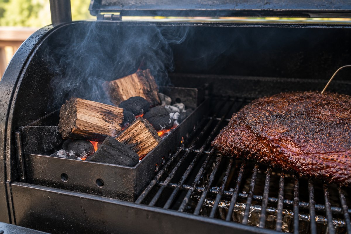 Wood chunks smoldering in a smoker box next to a brisket, an example of the best wood for smoking brisket in use
