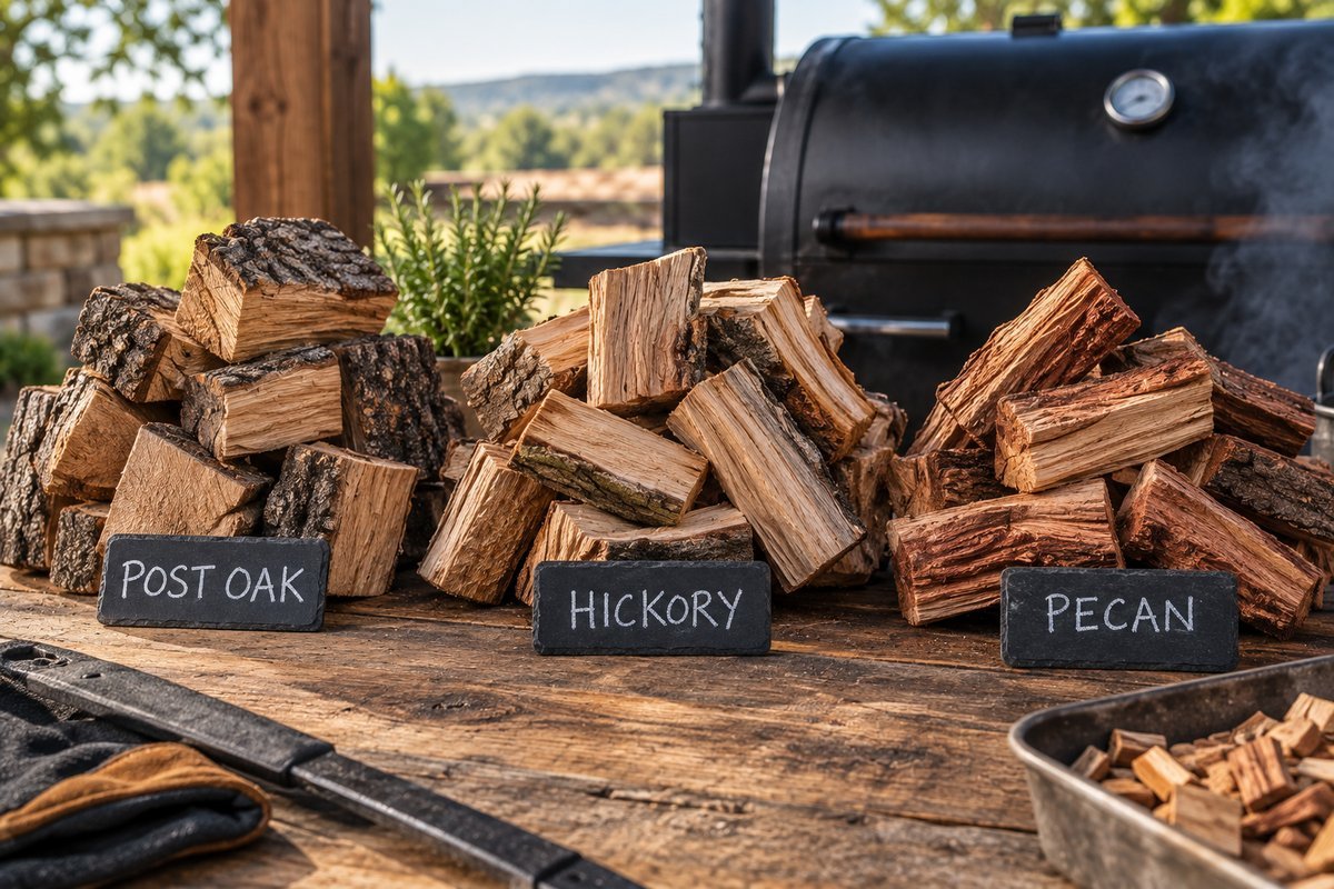 Post oak, hickory, and pecan wood piles labeled for choosing the best wood for smoking brisket