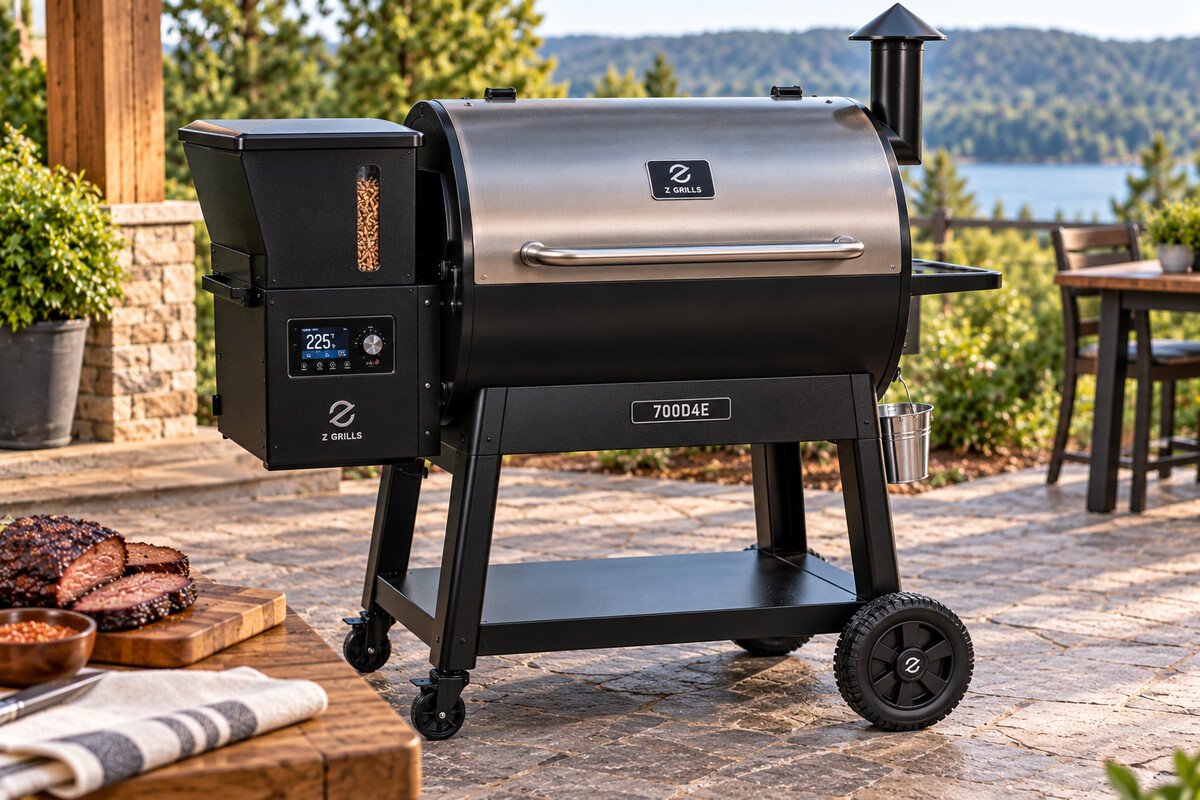 Z Grills 700D4E pellet smoker with hopper visible on a patio