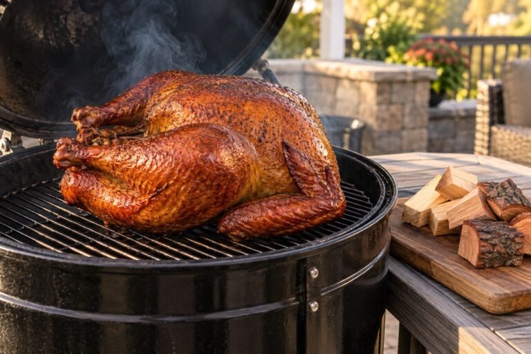 A smoked turkey on a charcoal smoker with apple and cherry wood chunks