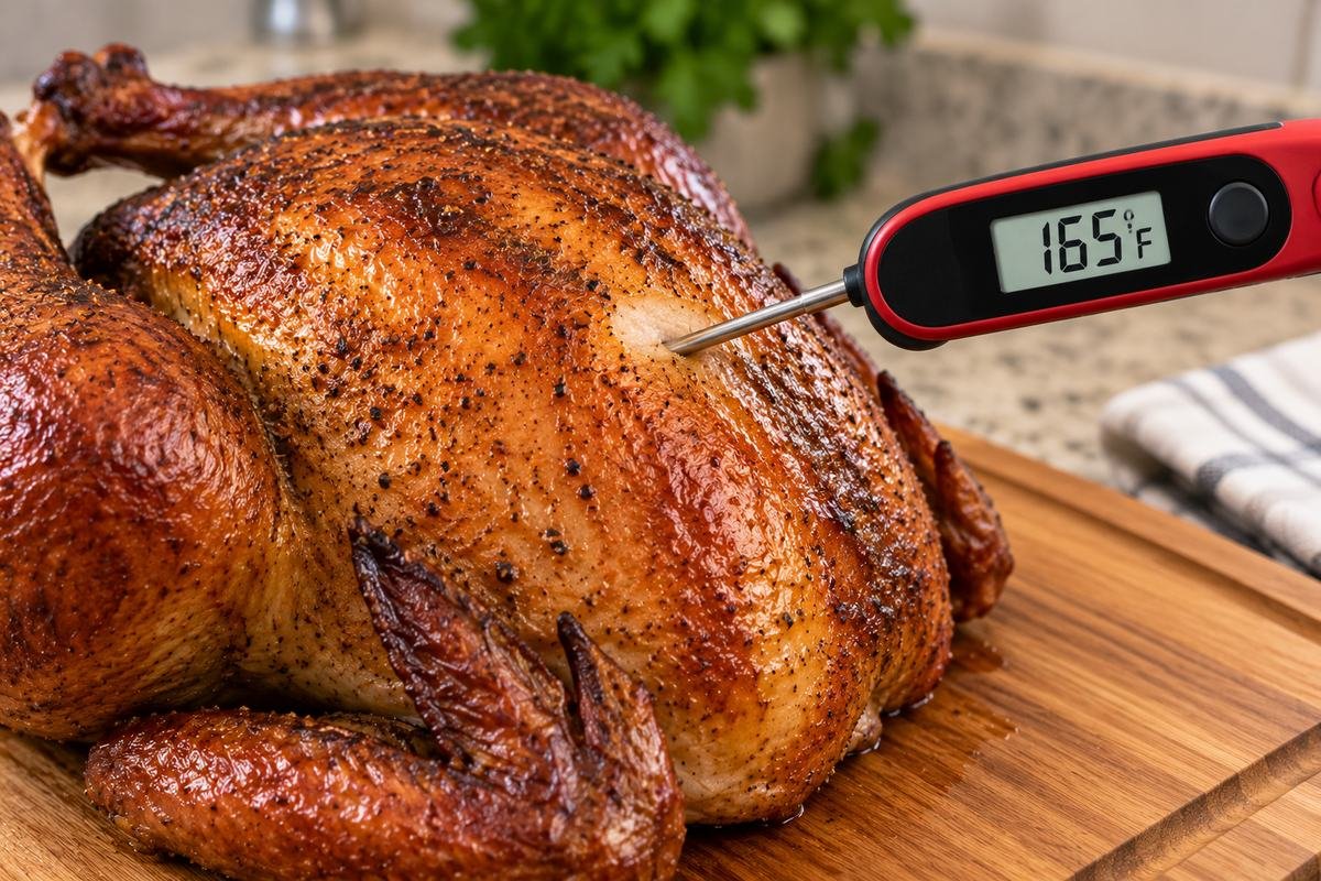 Checking a smoked turkey with a meat thermometer that reads 165°F
