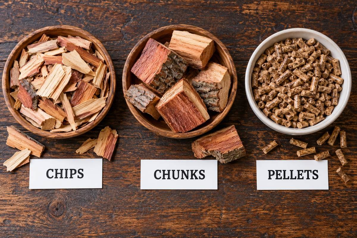 Best wood chips, chunks and pellets for smoking turkey in three labeled bowls